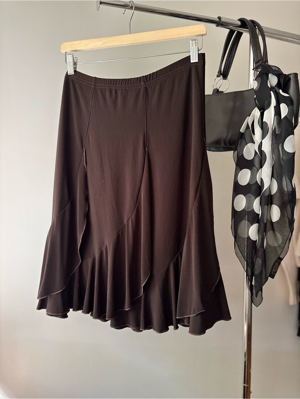 1990s Jersey Asymmetrical Brown Midi Skirt | Size 30-36”